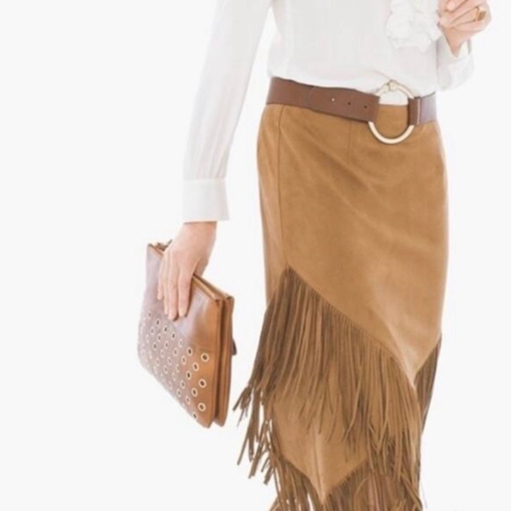 Chico's Tan Asymmetrical Fringe Skirt